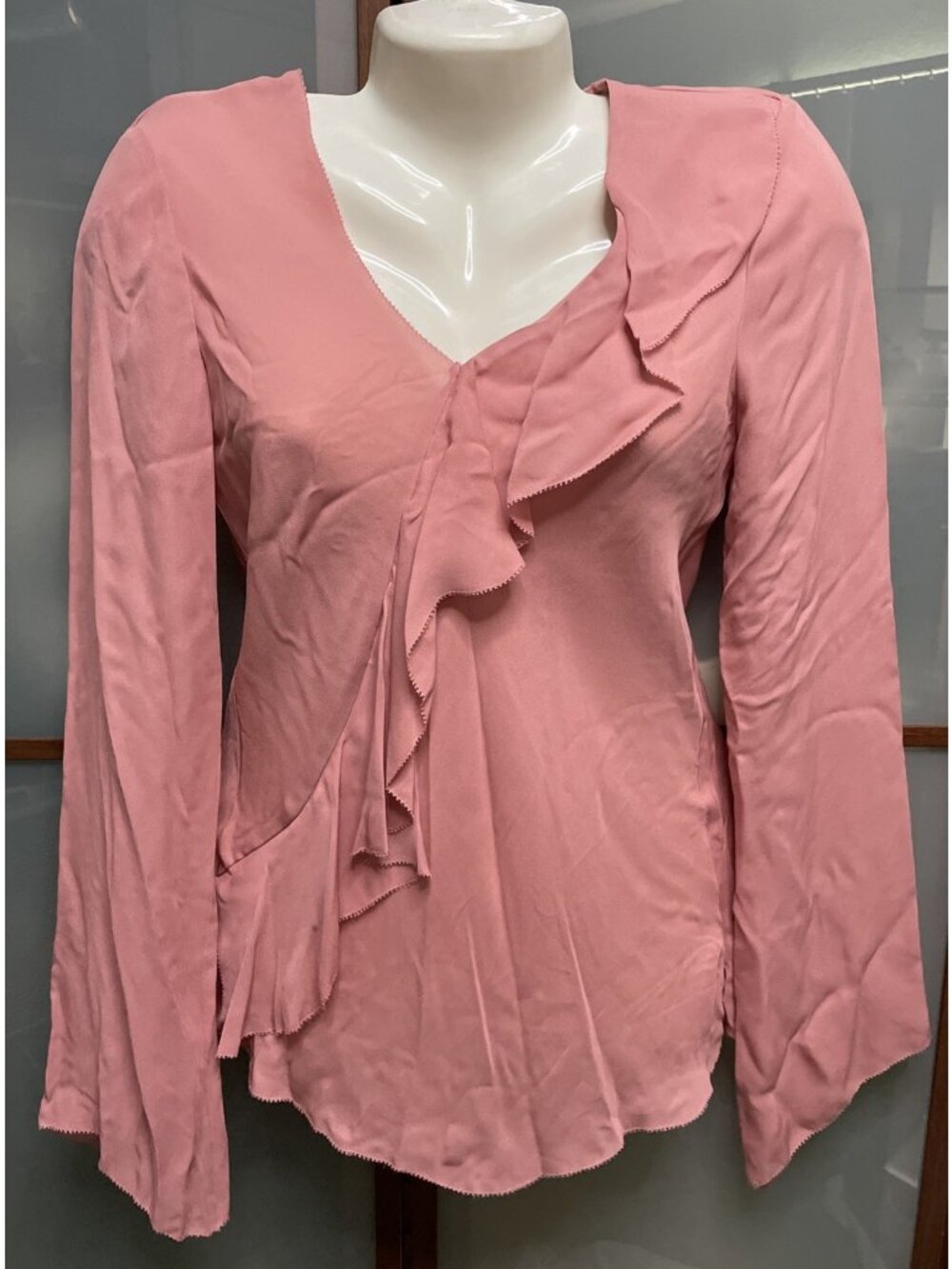 Studio M Vintage Y2K Medium Pink Chiffon Silk Ruffle Angel Sleeve Blouse Fairy